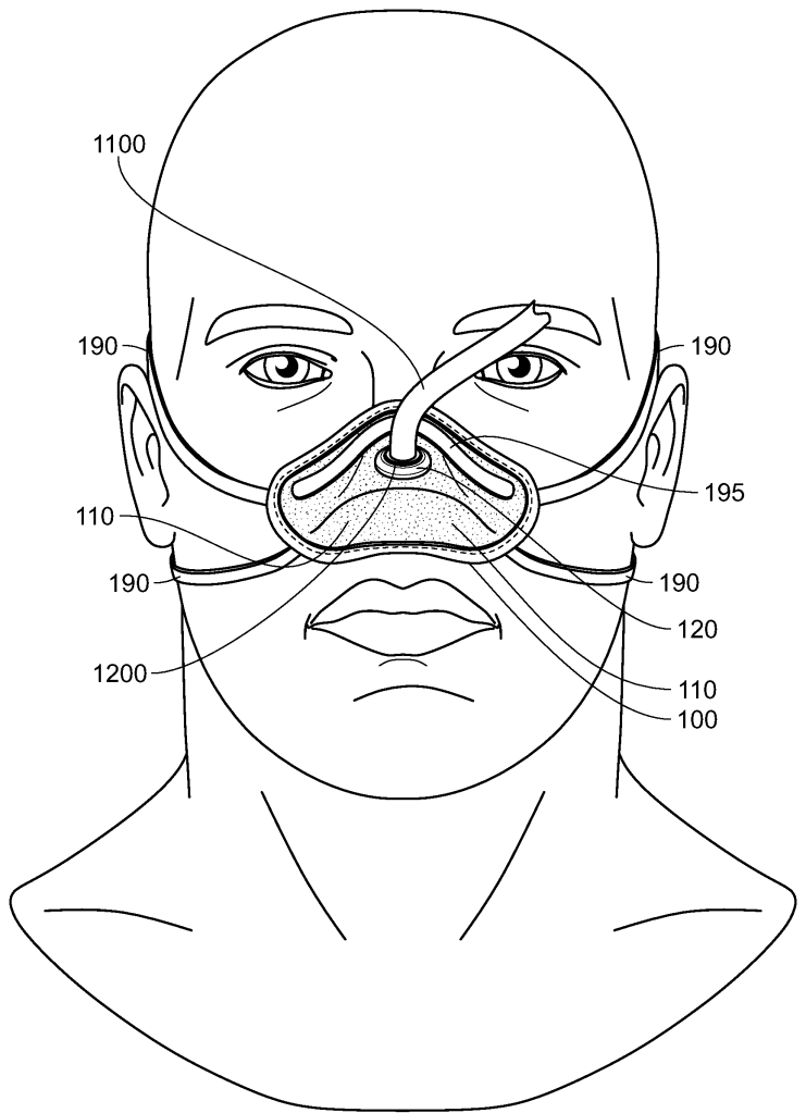 Line drawing of a hairless human head, wearing a mask that covers the person's nose and leaves their mouth exposed. 